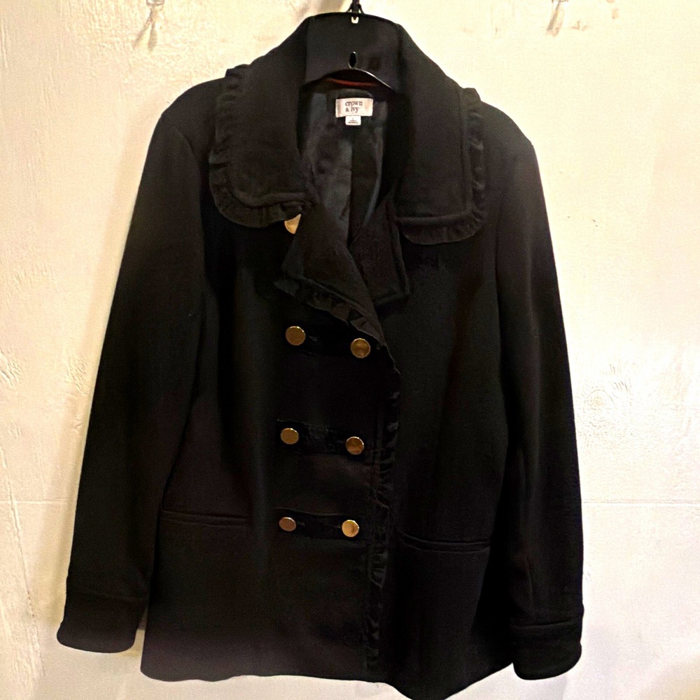 Crown & Ivy Women's Black Pea Coat Sz L Button Front Ruffle Trim Lined Pockets